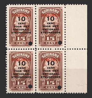 1945 10c on 15c Suriname, Netherlands Colonies, Block of Four, Margin, Spesimen