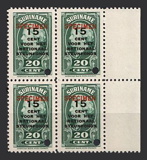 1945 15c on 20c Suriname, Netherlands Colonies, Block of Four, Margin, Spesimen