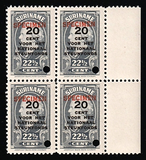 1945 20c on 22 1/2c Suriname, Netherlands Colonies, Block of Four, Margin, Specimen, Annulated
