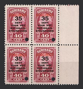 1945 35c on 40c Suriname, Netherlands Colonies, Block of Four, Margin, Spesimen