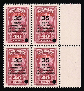 1945 35c on 40c Suriname, Netherlands Colonies, Block of Four, Margin, Specimen, Annulated