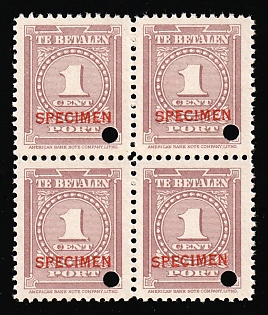 1945 1c Suriname, Netherlands Colonies, Official Stamp, Block of Four, Specimen, Annulated