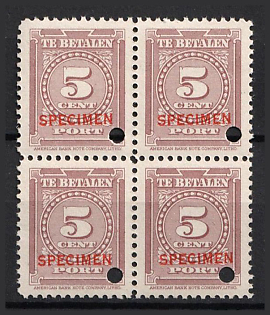 1945 5c Suriname, Netherlands Colonies, Official Stamp, Block of Four, Spesimen
