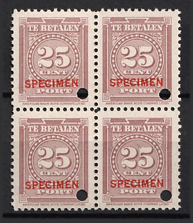 1945 25c Suriname, Netherlands Colonies, Official Stamp, Block of Four, Spesimen