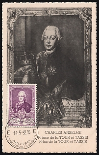 1952 10fr Belgium Postcard, Charles-Anselme de Tour et Taxis, FDC, First Day Cancellation