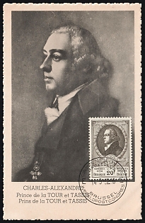 1952 20fr Belgium Postcard, Charles-Alexandre de Tour et Taxis, FDC, First Day Cancellation