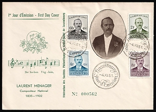 1951 (4 Dec) 'Laurent Menager - National Composer. Federation of Philatelic Societies of the Grand Duchy of Luxembourg', Luxembourg, First Day Cover used in Luxemburg franked with Complete Set of 60c - 8fr, Plate Number '000562', Commemorative Postmarks