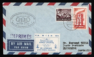 1956 (13 Nov) 'XVI Olympic Games', Luxembourg, Airmail Cover from Rumelange via Austrian Olympia Special Flight 'Vienna - North Pole - Melbourne' to Melburne (Olimpic Village) and sent to Rumelange franked with 3fr, 6fr, Commemorative Postmarks