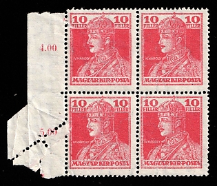 1918 10f Hungary, Block of Four, Perforation Error on Folded Margin, Margin, Sheet Inscriptions