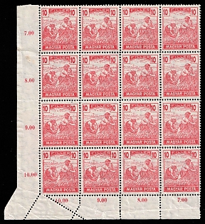1919 10f Hungary, Block, Perforation Error on Folded Margin, Corner Margins, Sheet Inscriptions