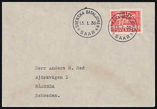 1935 (13 Jan) Military Swedish Battalion Cover from Saar (Germany) to Rasunda (Solna, Sweden), franked with 15o, with Violet Handstamp on Reverse