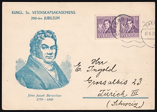 1939 (12 Jun) '200th Anniversary of the Royal Swedish Academy of Sciences, Jons Jakob Berzelius', Sweden, Postcard from Orebro (Sweden) to Zurich (Switzerland), franked with pair of 10o