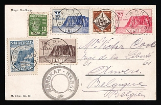 1930 (20 Aug) Norway, Postcard from North Cape (Norway) to Antwerp (Belgium) franked with Complete Set of 15øre - 20øre, 10øre, 15øre and Rare Blue Label 'Nordkap' (North Cape)