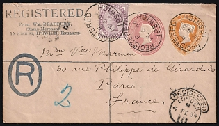 1894 (6 Feb) Great Britain Postal Stationery Registered Cover from Ipswich (Great Britain) via London (England) to Paris (France), additionally franked with 1d, with small Wax Seal on the Reverse