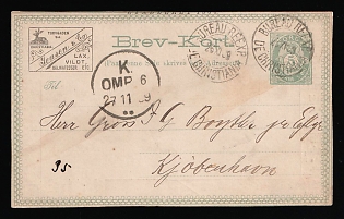 1909 (26 Nov) Norway, 5øre Postal Stationery Postcard with Advertising Stamp 'Jensen & Co' from Christiania (current Oslo, Norway) via Bureau Reexpedition Christiania, via Royal Norwegian Postal Railway Line №6 to Copenhagen (Denmark)