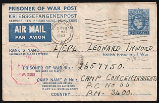 1943 (7 May) 2.5d Postal Stationery Censored Airmail POW Cover from Birmingham (England) to P. C   (Prisoner of War Camp) №66 located in Capua (Italy) that served by Posta Militare 'P.M. 3400', with Red 'P. W. 3308' Censorship Handstamp