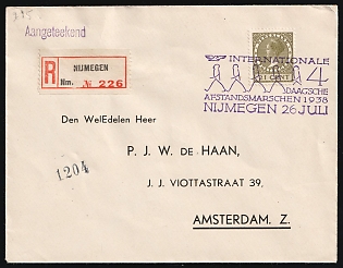 1938 (26 Jul) Netherlands, 'The Nijmegen International 4 Day Distance Walk', Registered Cover from Nijmegen to Amsterdam franked with 21c, Commemorative Postmark