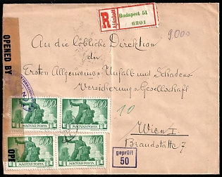 1946 Hungary, Registered Censored Cover from Budapest (Hungary) to Vienna (Austria), franked with 4 Pair x 500p, 2 Strip x 500p