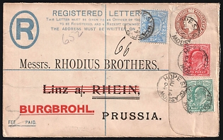 1904 (14 Jun) Great Britain Postal Stationery Registered Commercial Cover from Glasgow (Scotland) via London (England) to Burgbrohl (Germany), franked with 1/2d, 1d and 2.5d, with Blue 'Robert A. Bird & Co, 95 West Regent Street, Glasgow' Handstamp on the Reverse