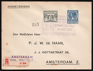 1938 (4 May) Netherlands, 'International Congress for Obstetrics and Gynecology', Registered Cover from Royal Tropical Institute in Amsterdam franked with 1.5c and 20c, Commemorative Postmark