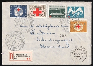 1957 (10 Sep) Netherlands, '7th International Accountants Congress', Registered Cover from Amsterdam to Bloemendaal franked with full set of 4c-30c Red Cross stamps, Commemorative Postmarks