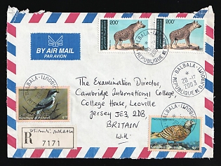 2003 (20 Dec) Republic of Djibouti, Royal Mail International, Registered Airmail Cover from Djibouti (Balbala) to Cambridge International College, Jersey (United Kingdom of Great Britain) franked with 200f, 5fr, 50fr, Unpriced