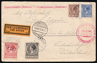1929 (10 Aug) Netherlands, 'Around the World' Graf Zeppelin Airship Airmail Cover from Zwolle to Friedrichshafen franked with 12.5c, 40c, 2.5g and 5g