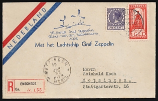 1932 (17 Jun) Netherlands, Graf Zeppelin Airship Registered Airmail Cover from Enschede to Metzingen franked with 7.5c and 1g