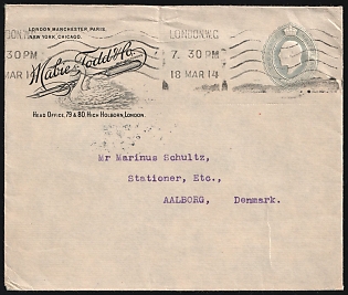 1914 (18 Mar) 2.5d Great Britain, 'Mabie, Todd & Co', Postal Stationery Commercial Cover from London (England) to Aalborg (Denmark)