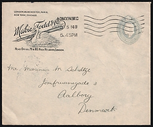 1914 (5 Jun) 2.5d Great Britain, 'Mabie, Todd & Co', Postal Stationery Commercial Cover from London (England) to Aalborg (Denmark)