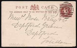 1889 (10 Oct) 1/2d Great Britain, Postal Stationery Postcard from Taunton (England) to London (England), cancelled by Vertical Oval Barred Numeral '776' Postmark