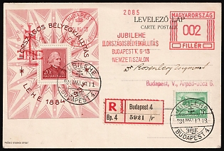 1934 (13 May) Hungary, Registered Postcard locally addressed in Budapest, franked with Souvenir Sheet 20f, 10f Airmail, Commemorative Postmark 'National Stamp Exhibition Budapest V. 6-13 National Salon'