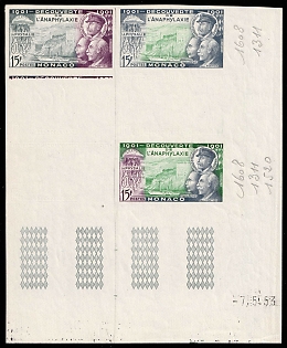 1953 15fr Principality of Monaco, Trial Colors Proof, Imperforate, Block, Corner Margins, Sheet Inscription, Plate Number