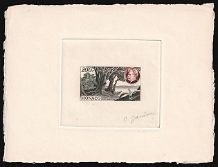 1955 200fr Principality of Monaco, Airmail, Presentation Souvenir Sheet, Trial Colors, Signature