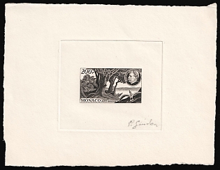 1955 200fr Principality of Monaco, Airmail, Presentation Souvenir Sheet, Black, Signature