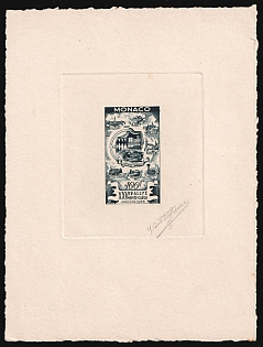 1955 100fr Principality of Monaco, Presentation Souvenir Sheet, Dark Blue-Grey, Signature