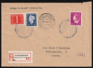 1949 (24 Aug) Netherlands, 'Round Table Conference', Registered Cover from Hague to Assen franked with 1c, 6c and 10c, Commemorative Postmarks