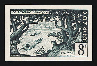 1955 8fr Principality of Monaco, Dark Green Proof, Imperforate, Museum Handstamp