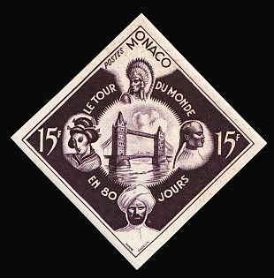 1955 15fr Principality of Monaco, Dark Purple-Brown Proof, Imperforate, Museum Handstamp