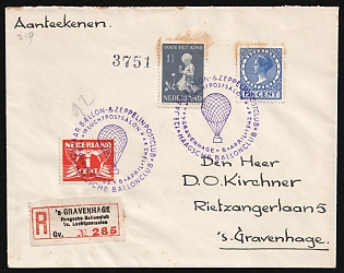 1942 (6 Apr) Netherlands, '1st Balloon Mail Flight of the Hague Balloon Club', Registered Balloon Mail Cover from Hague franked with 1c, 1.5c and 12.5c, Commemorative Postmarks