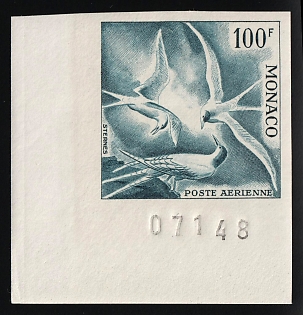 1955 100fr Principality of Monaco, Airmail, Grey-Blue Proof, Imperforate, Corner Margins, Plate Number