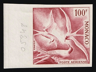 1955 100fr Principality of Monaco, Airmail, Red Proof, Imperforate, Margin