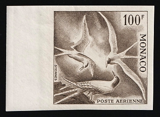 1955 100fr Principality of Monaco, Airmail, Brown Proof, Imperforate, Margin