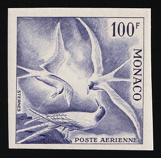 1955 100fr Principality of Monaco, Airmail, Purple Proof, Imperforate, Margin