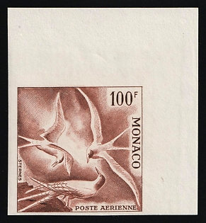 1955 100fr Principality of Monaco, Airmail, Brown-Red Proof, Imperforate, Corner Margins