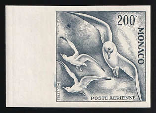1955 200fr Principality of Monaco, Airmail, Grey Proof, Imperforate, Margin