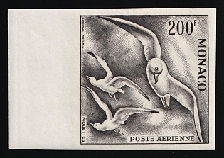 1955 200fr Principality of Monaco, Airmail, Black Proof, Imperforate, Margin