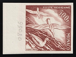 1955 500fr Principality of Monaco, Airmail, Brown Proof, Imperforate, Margin