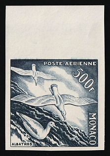 1955 500fr Principality of Monaco, Airmail, Dark Blue Proof, Imperforate, Margin