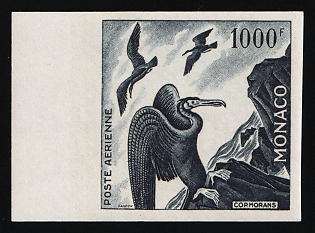 1955 1000fr Principality of Monaco, Airmail, Black Proof, Imperforate, Margin